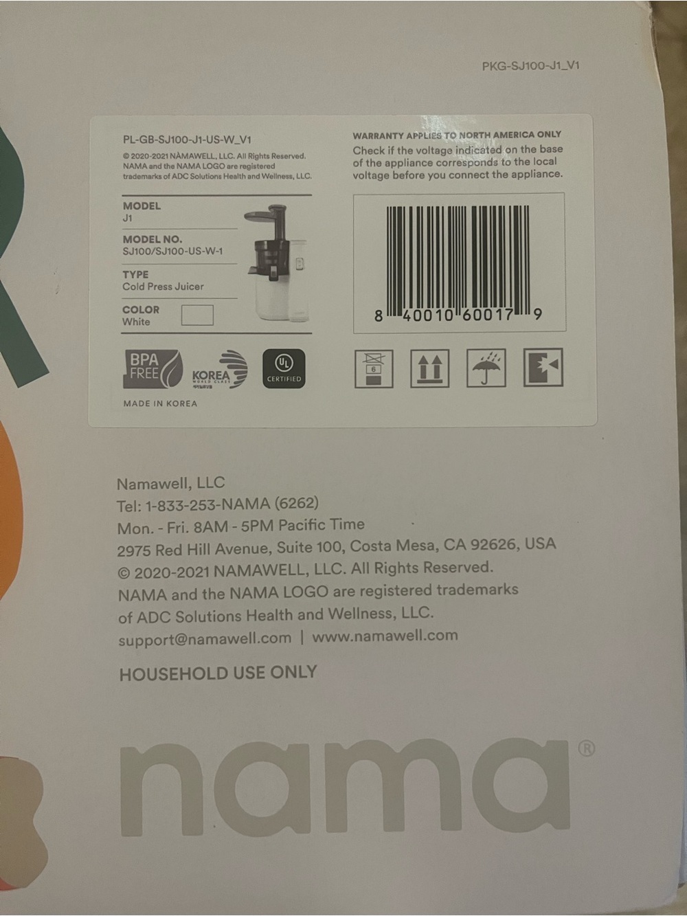 Namawell White Cold Press Juicer - J1 Model